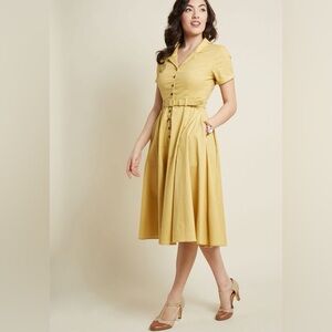 Collectif Cherish Era x Modcloth Vintage Style Yellow Midi Shirt Dress
